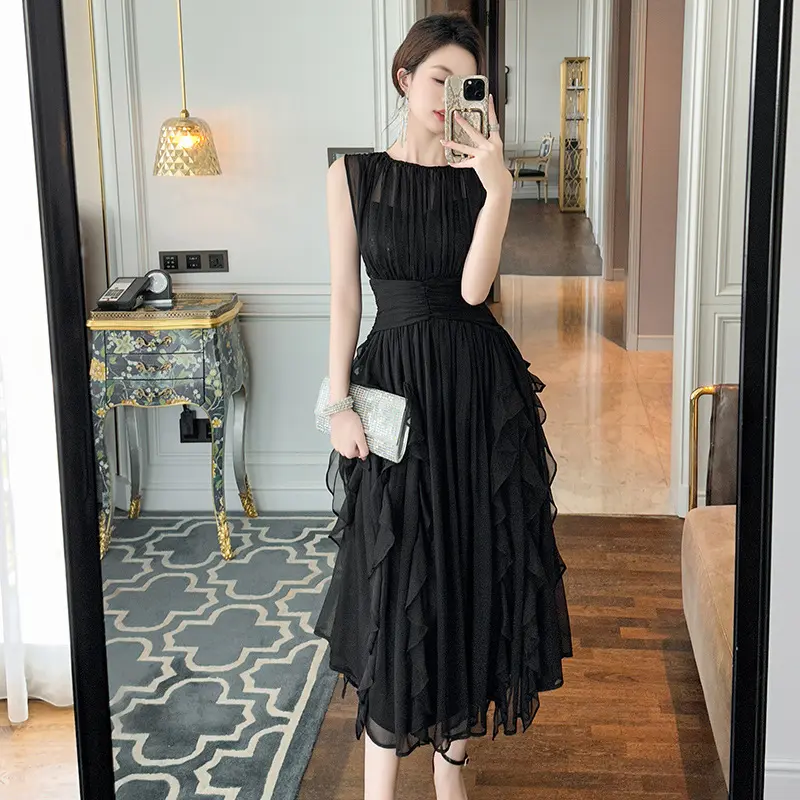 Chân Váy Dài Xếp Ly Nhiều Lớp, Hàng Mới Về Mùa Hè, Váy Voan Đen, 80175, Có Cỡ S-XXL Nữ Women