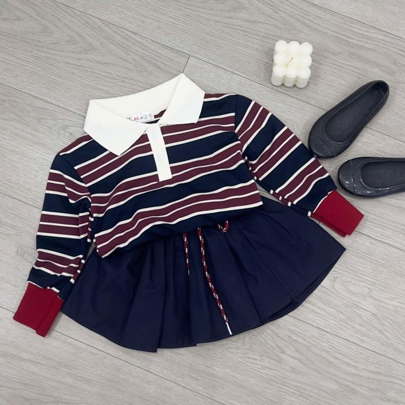Q52- Set áo polo kẻ sọc dài tay kèm chân váy dáng ngắn xoè xinh đẹp dành cho bé gái 8-21kg