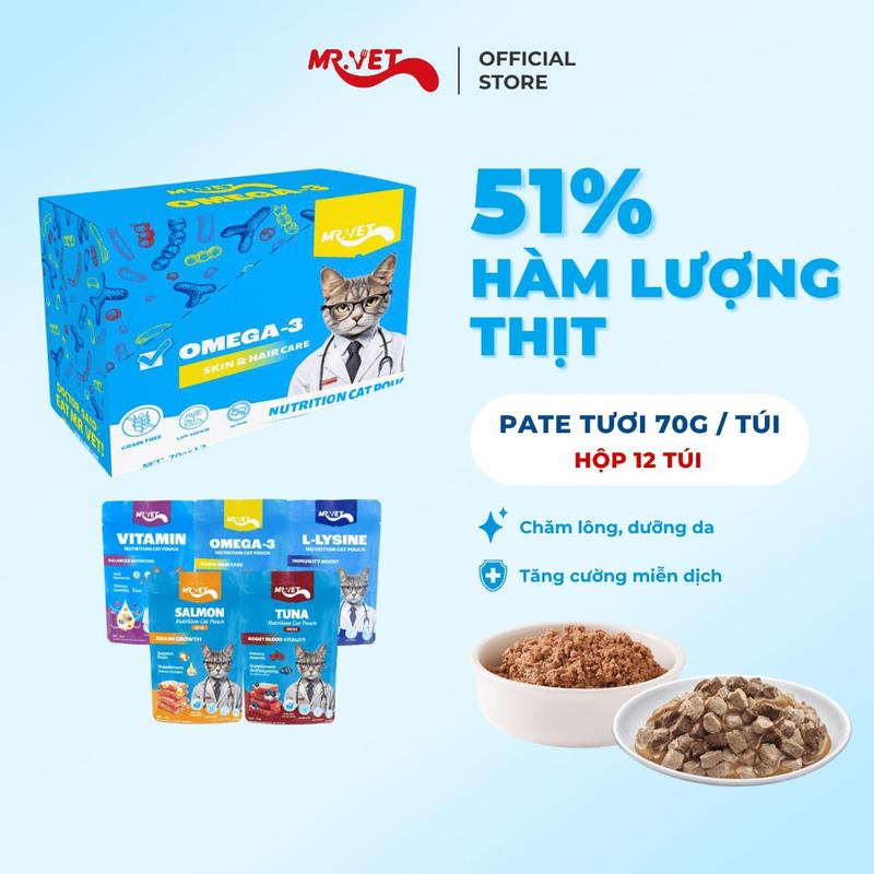   PATE CHO MÈO  Hộp 12 Túi Pate Mr.Vet thức ăn ướt vị Cá ngừ Cá hồi Omega 3 Vitamin L-Lysine điều hòa tiêu hóa chăm sóc da & lông tăng đề kháng 