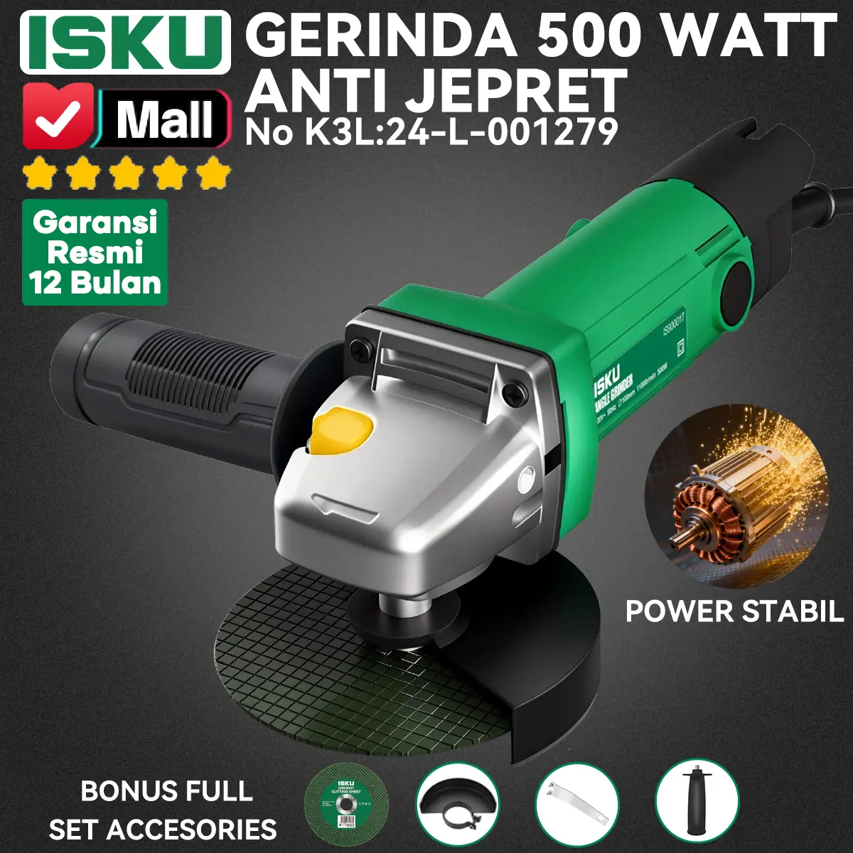 ISKU Mesin Gerinda Tangan 4 Inch Angle Grinder Gurinda 500W Low Watt Hemat Listrik Tembaga Murni Alat Tukang Potong Besi Kayu Keramik Penghalus Poles K3L Mesin Pemotong Baja Ringan Bonus Mata Pisau Carbon Brush Original Garansi Resmi