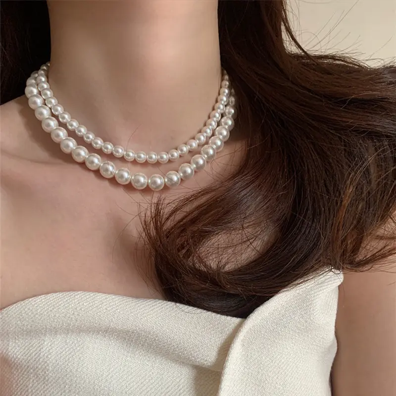 EAR PARTNER-Kalung Mutiara Kaca Berkesan Tinggi Wanita Desain Gaya Perancis Vintage Karakteristik Pribadi Sederhana Serbaguna Elegan Rantai Leher Lockbone