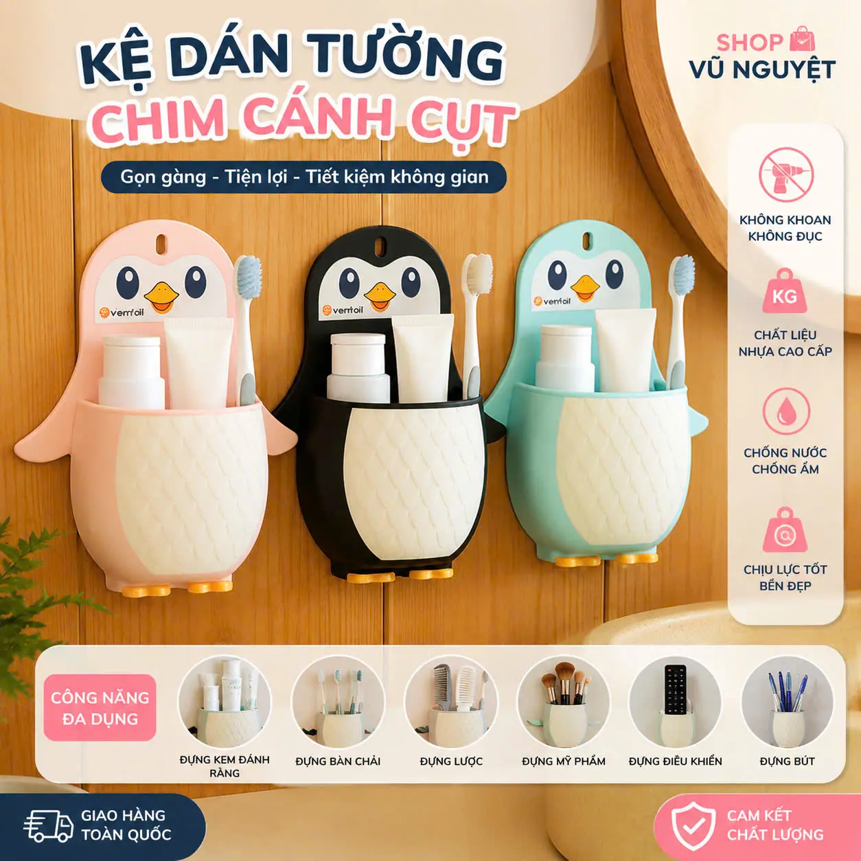 Kệ Dán Tường Hình Chim Cánh Cụt Đựng Bàn Chải Đồ Dùng Nhà Tắm Học Tập Cho Bé Treo Tường Dễ Lắp Đặt Tiết Kiệm Diện Tích Đa Năng