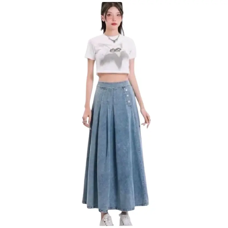 Inara Long Skirt Rok Jeans Korean Look Button Skirt Panjang  Standar Jumbo Kancing Samping 3