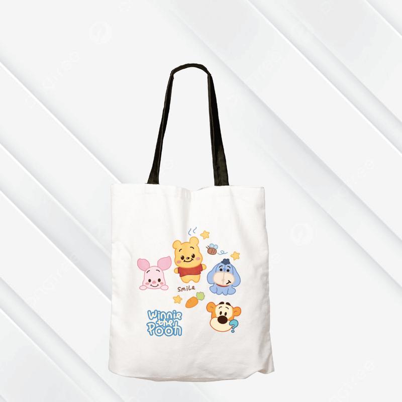 Tas Totebag Anak Lucu DTF Putih- WINNIE THE POOH  Semi Canvas 28cm x 38cm Motif lucu 2