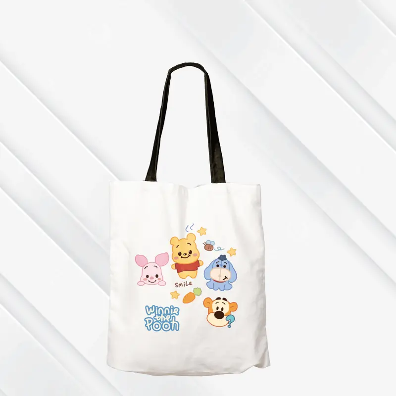 Tas Totebag Anak Lucu DTF Putih- WINNIE THE POOH  Semi Canvas 28cm x 38cm Motif lucu 2