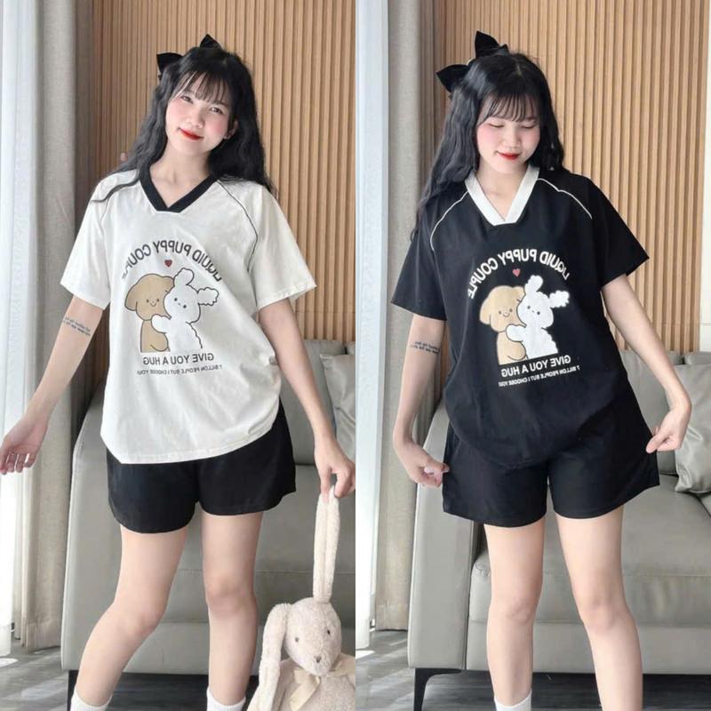 Set bộ đồ nữ mặc nhà phom rộng bộ quần áo nữ mùa hè chất cotton su bộ đùi áo phông in 2 thỏ ôm