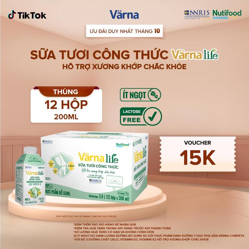 Thùng 12 Hộp Sữa Tươi Công Thức Varna Life Hỗ Trợ Xương Khớp Chắc Khoẻ (12 x 200ml) - Xanh