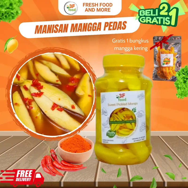 [3F FOOD] Beli 2 gratis 1 Manisan buah mangga pedas 250/500g, Gula asli, Kualitas premium Frozen 0