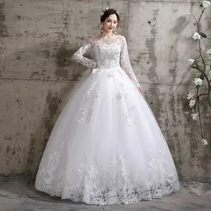 (ADA LD 83-120CM)  Gaun pengantin Putih lengan Panjang bersinar Wedding Dress pernikahan Gaun pesta S-6XL 40-85KG Ditambah ukuran