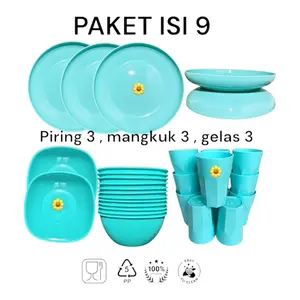 PAKET ISI 9, gelas 3, mangkuk 3 , piring bulat 3, paket hemat