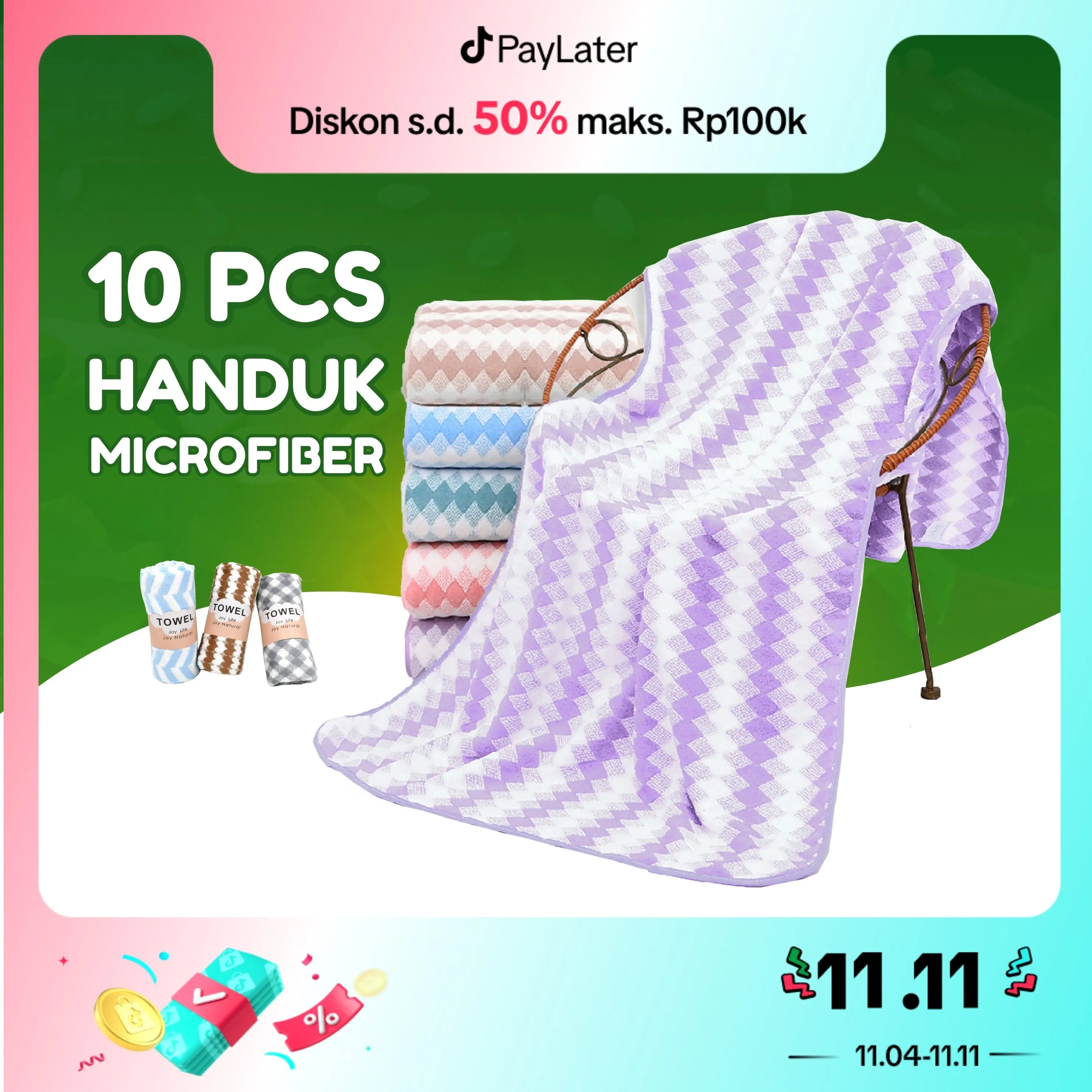 PROMO 10pcs Handuk Dewasa uk 70 x 140 Motif dan Warna Random Microfiber