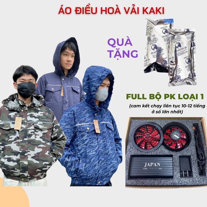 Áo Điều Hòa Kaki Có Mũ Dày Dặn Pin JAPAN Loại 1 chạy 11-12 tiếng số lớn nhất BH 1NAM