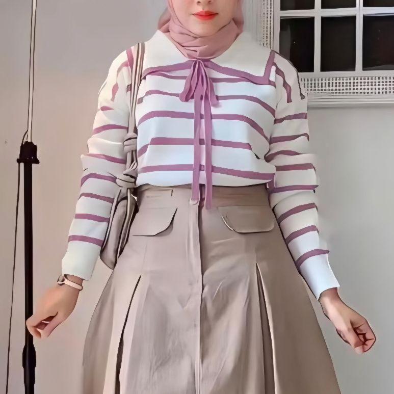 Product Introduction of BAJU RAJUT WANITA TANGAN PANJANG KERAH PITA LUCU STRIP KNIT / ATASAN BAJU SWEATER RAJUT KOREAN STYLE 21