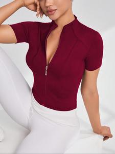 Nueva Chamarra de Yoga para Mujer, Casual Ajustada y Ajustada con Cremallera Completa y Cuello Mao para Correr al Aire Libre, Alta Elasticidad, Transpirable y de Secado Rápido, Manga Corta
