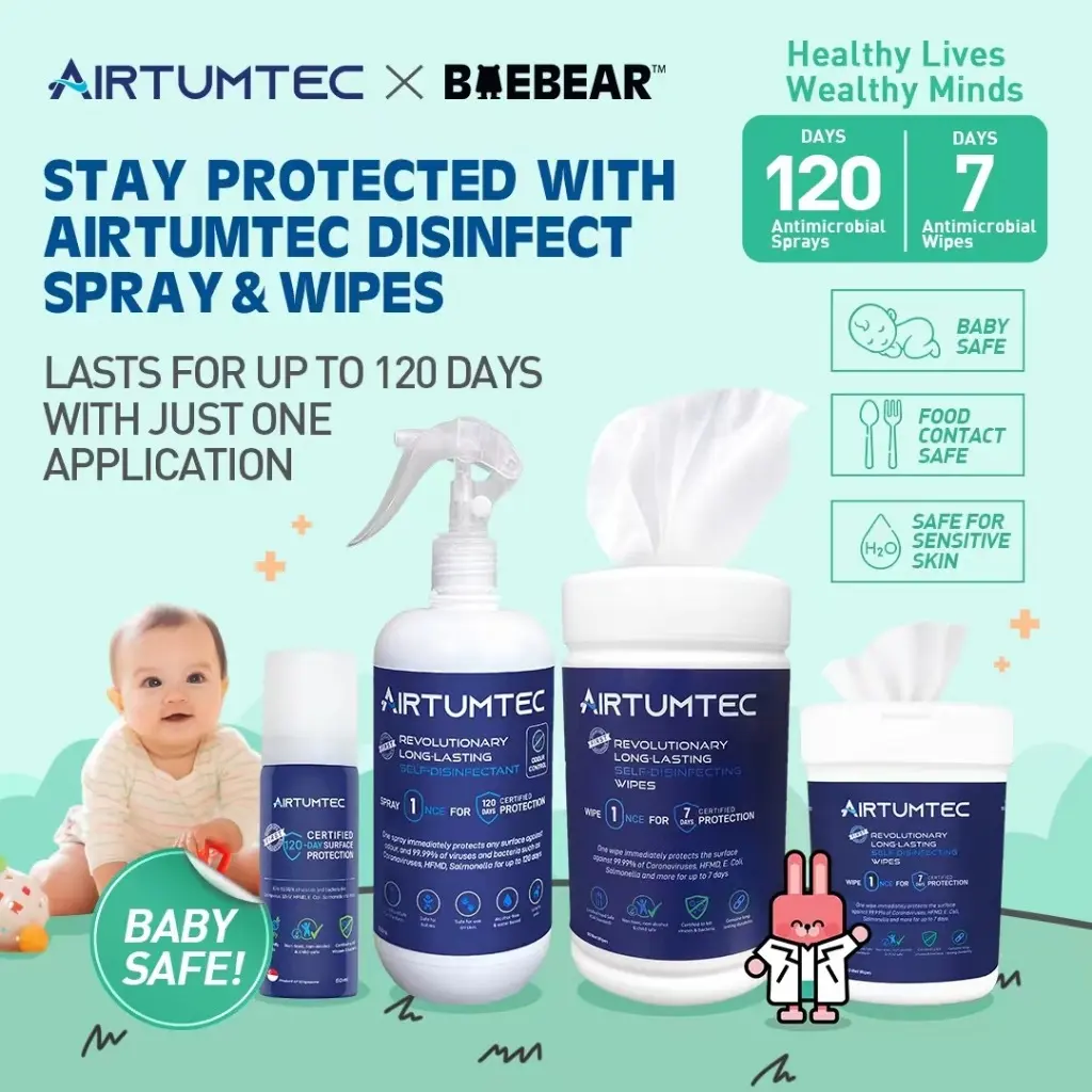 AirTumtec Self-Disinfecting Antimicrobial Spray 500ml / 50ml, AirTumtec Antimicrobial wipes | 80 / 40 wipes (Long lasting sanitiser)