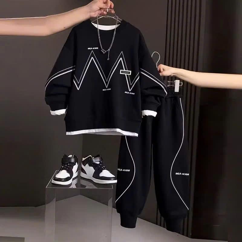 Bộ quần áo thu đông bé trai 13-45kg mẫu KICS. Thiết kế nổi bật năng động cá tính chất nỉ da cá ấm áp co giãn.