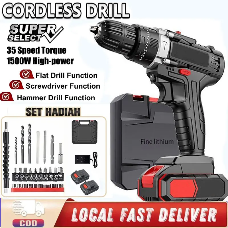 198VF Mesin Bor Impact Drill bor listrik Bor baterai Cordless Drill Bor Listrik Set Bor lengkap mesin Rechargeable Torsi Besar besi tembok Beton kayu dongcheng  bor  baterai bor  baut