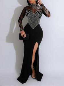 Vestido ajustado de muselina de contraste con decoración de diamantes de imitación y abertura en el muslo, elegante con manga larga y cuello alto, vestido de fiesta de noche para damas, vestido de gala