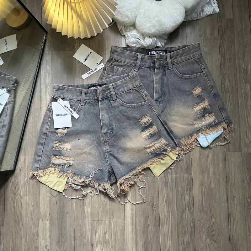 TENNBIGSIZE Quần Short Jean Nữ Lộ Túi Rách Nhuyễn Lưng Cao Women Denim Pants Size S/2XL Chất Jean Mềm Màu Đen Trắng Hồng 0