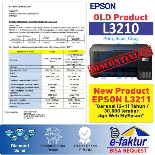 Printer EPSON L3210 L-3210 L 3210 L3211 L-3211 L 3211 Pengganti L3110 Print Scan Copy Garansi Resmi