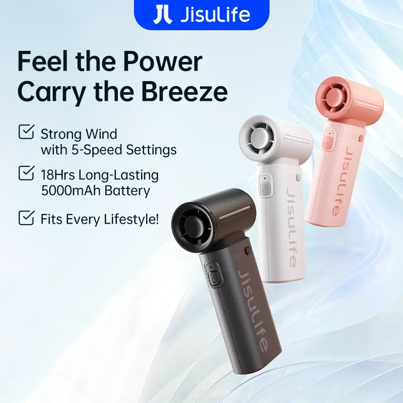 JisuLife 5000mAh Turbo Wind Gathering Handheld Small Fan, with an Ultra Long Battery Life of 18 hours, Suitable for Outdoor Sports, Travel and Other Scenarios, Convenient to Carry