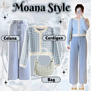 One Set 3in1 Hangout Casual (Cardigan Rajut, Celana Jeans, Shoulder Bag) OOTD Wanita Kekinian KY4S