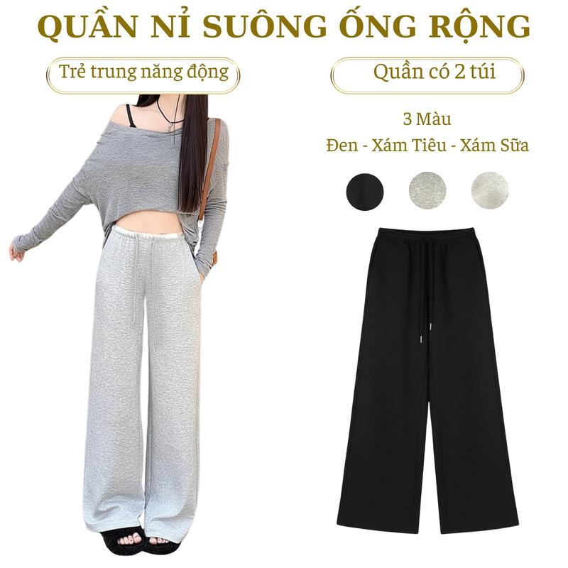 Quần Nỉ Suông Nữ Cạp Chun 3cm Có 2 Túi Chéo Quần Ống Rộng Nỉ Bông Chất Dày Đẹp Đứng Form Tôn Dáng Mặc Ấm Thu Đông Pants Women 3 Màu Đen Xám Tiêu Xám Sữa 019