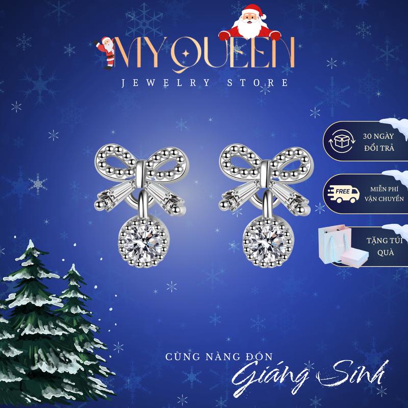 Bông tai NƠ ĐÀO dịu dàng thanh lịch viền đá sáng bóng chất liệu titan mạ bạc phụ kiện trang sức nữ