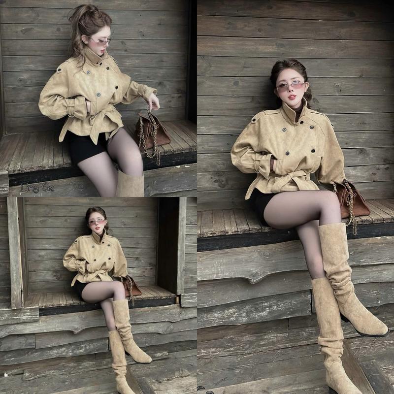 Áo khoác da lộn cổ đứng kèm đai eo A205 GM