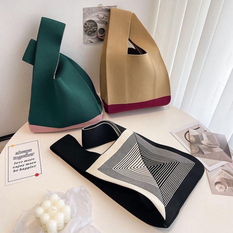 Product Introduction of Knit knot bag korea premium Tote bag rajut kekinian motif garis hitam Tas wanita mini fashion Totebag kecil cantik Top handle bag trend Thailand import termurah 3
