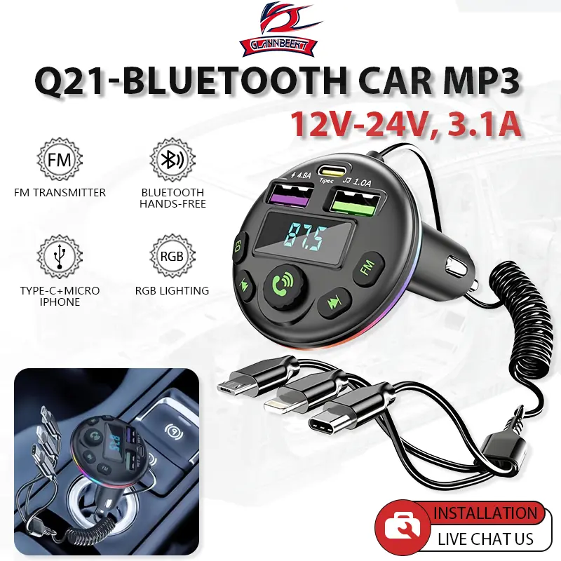 Bluetooth 5.0 FM Transmitter, Bộ phát điện tử tự động cho ô tô, Máy phát MP3, Máy nghe nhạc rảnh tay, Bộ thu âm thanh, với Cáp sạc 3 trong 1