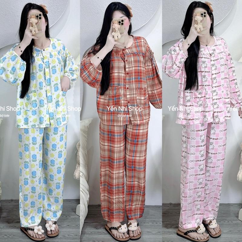 Đồ Bộ Tole Lanh Nữ L1 (45-85kg) Thiết Kế Dáng Form Rộng Ngực Áo Viền Bèo Áo Tay Dài Quần Dài YN003