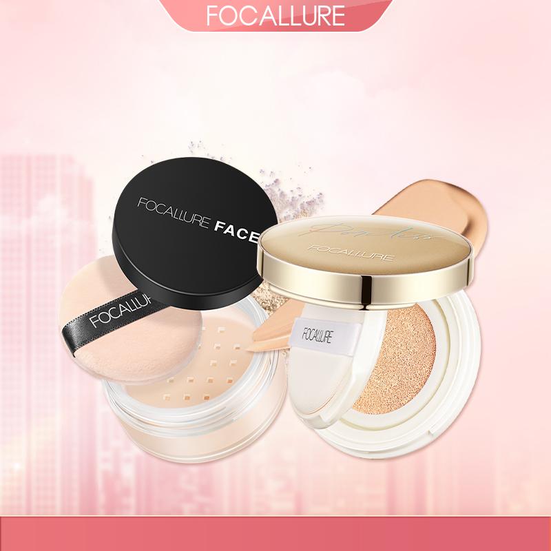 FOCALLURE Combo 2 Món Cushion Phấn Nước Hỗ Trợ Che Khuyết Điểm + Phấn Phủ Dạng Bột Hỗ Trợ Kiềm Dầu Phù Hợp Trang Điểm Hằng Ngày Cho Mọi Loại Da