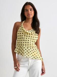 Camiseta sin mangas para mujer con estampado de lunares, cuello halter que se ata en la espalda y diseño abierto en la espalda; dobladillo asimétrico a la moda, estilo casual, perfecta para uso diario, citas y el trayecto al trabajo.
