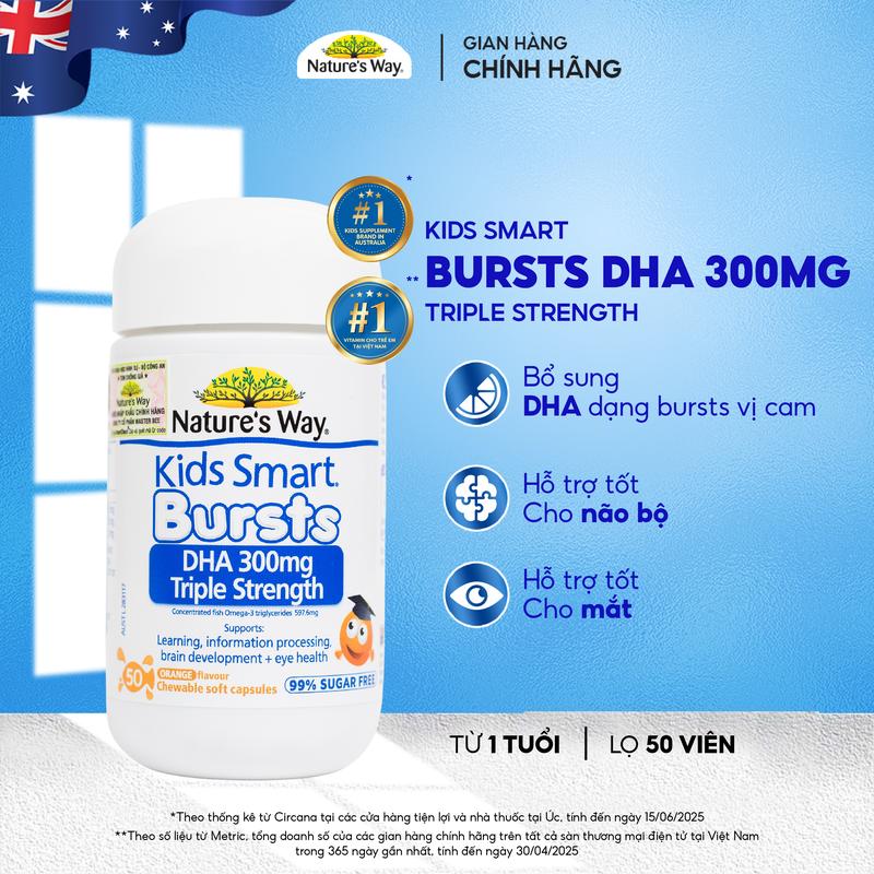  DHA 300mg Nature's Way Kids Smart Triple Strength Viên nang mềm 50 Viên - Bổ Sung Dầu Cá Cô Đặc Omega 3 RTG Hàm Lượng Cao Cho Bé 