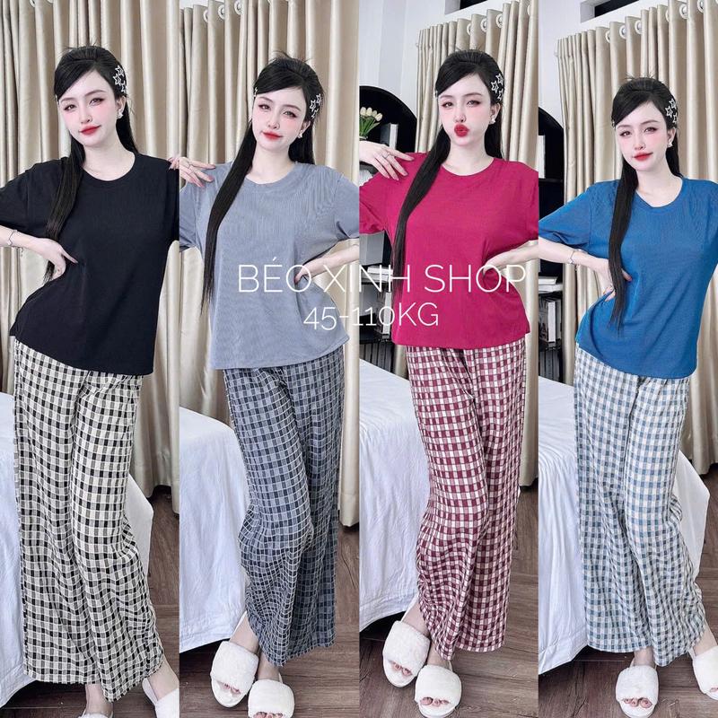 Thời Trang Bigsize Set Áo Thun Quần Caro Vải Cotton Phối Ren Bigsize Từ 45 - 110Kg Nữ Top Women Xoè - A.2501