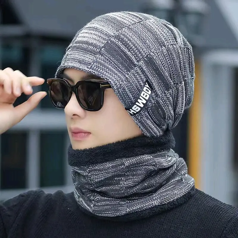Ilhamriof - Topi Kupluk Syal Leher Hswboy Pria Dewasa Keren Rajut Knitte Musim Dingin Korean Style 3