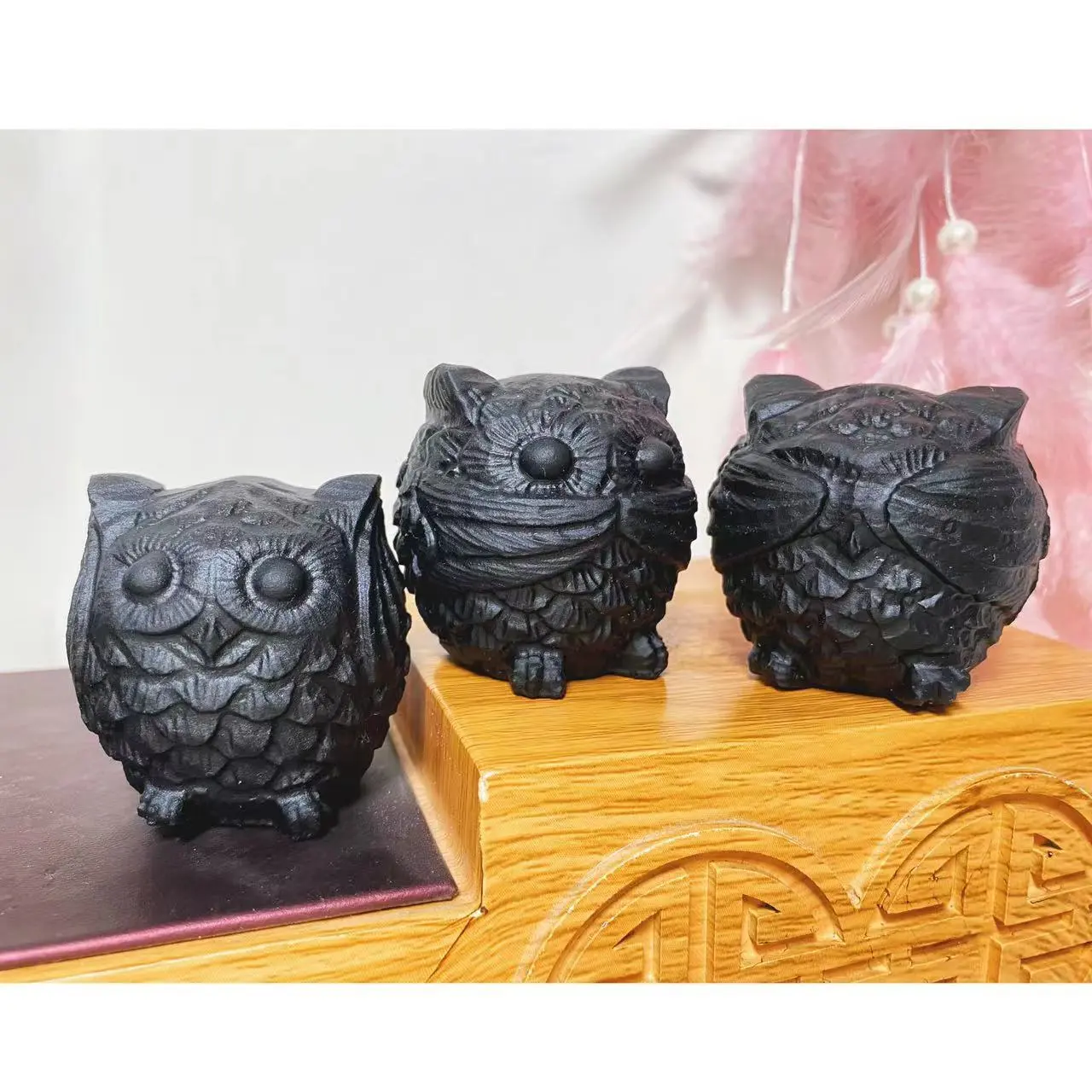 Black Obsidian Three Owls Carvings One Set