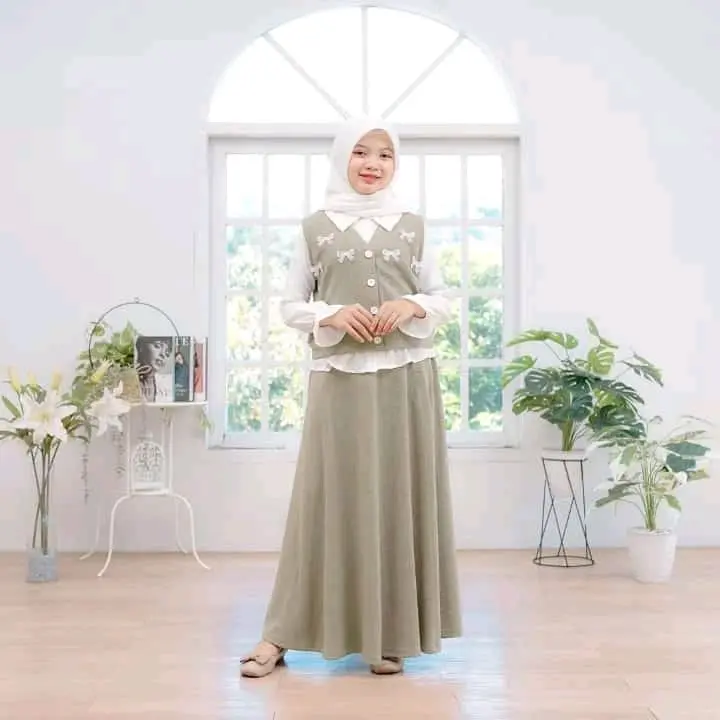 COD SETELAN ROK KNITT MIX POLO LINEN ANAK PEREMPUAN TANGGUNG SAKHIRA SET 3IN1 SIZE M-L  Fashion Wanita Muslim Atasan Pita Bordir 4
