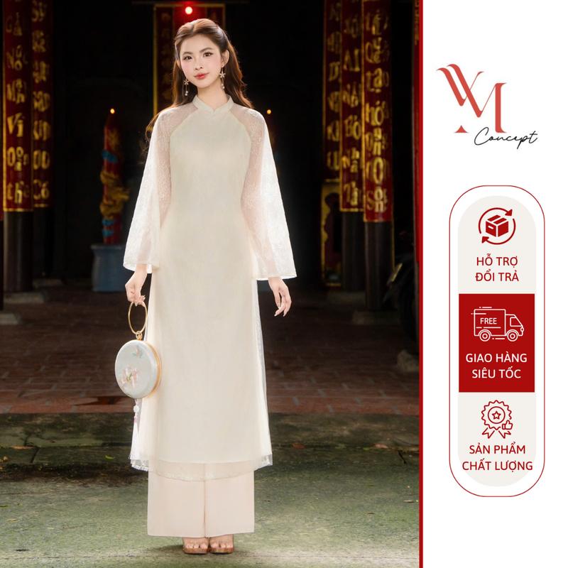YM Concept Set Áo Dài Ren Hoa Phối Lưới Tay Dài Và Quần - Thiết Kế Thanh Lịch Tôn Dáng Sang Trọng Mặc Tết Chụp Ảnh AD1482
