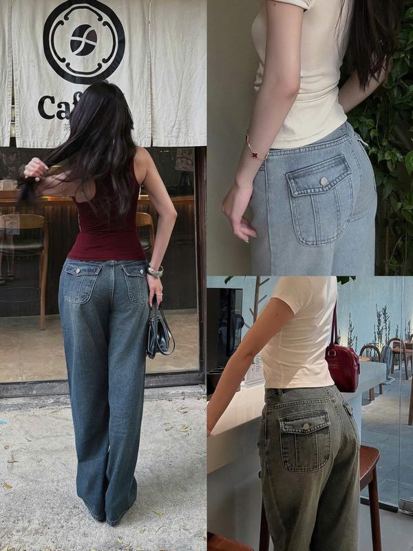 THE QUẠO - Quần Jeans Nữ Lưng Cao Ống Suông Túi Nắp Xanh Đậm Phủ Bụi Rêu S1607_735