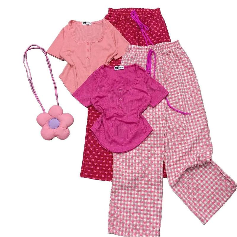 LIVE ( có bigsize) Bộ đồ áo cổ vuông nút tay ngắn form babytee + quần suông in caro tim full chất đũi Top Kem Nhung Women ) - Voi Lịch.ms2064 Kaki