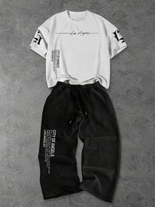 2026年新作 ファッション ロサンゼルス・エンジェルシティプリントTシャツ＋アメリカンヴィンテージスポーツパンツセットアップ、カジュアルなルーズフィット、アウトドアアクティビティ