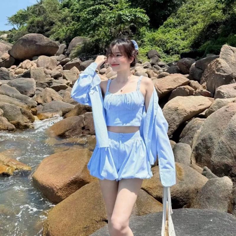 [Bèo Béo Bigsize] Set 3 Món Kate Sọc Đi Biển : Khoác - Áo Crop Cup - Chân Váy Cuộn Bí Form Bigsize 60-90Kg