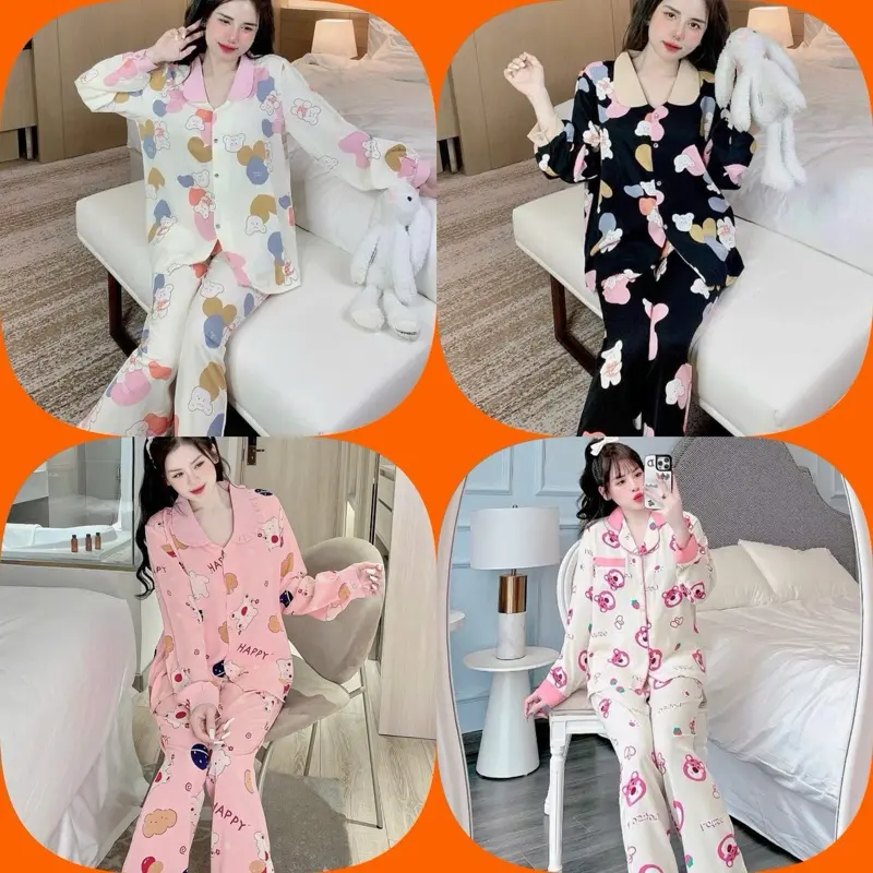 [MUA 3 GIÁ TỐT] Bộ Đồ Ngủ Pyjama Nữ Áo Dài Quần Dài – Phối Viền Sang Xịn, Họa Tiết Cute, Mặc Cực Thoải Mái (Size M, L 35-57kg) - Phù Hợp Mặc Ở Nhà