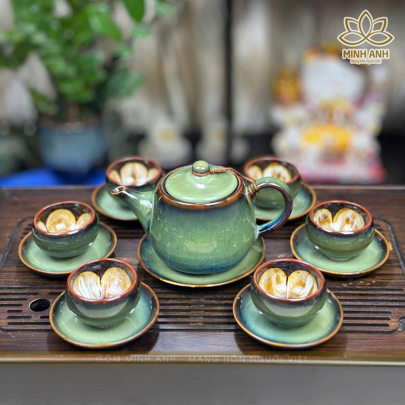 Bộ ấm chén Bát Tràng dáng Ba Chân men Hỏa biến màu Xanh Thân Tre