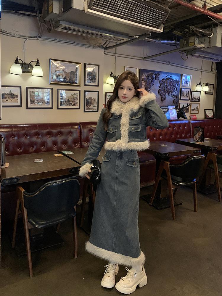 Product Introduction of Fujia Qianjin-Áo Khoác Denim Chần Bông Dày Lót Lông Cừu Cho Nữ, Váy Cạp Cao, Trang Phục Thời Trang Mới Mùa Đông 2023 39