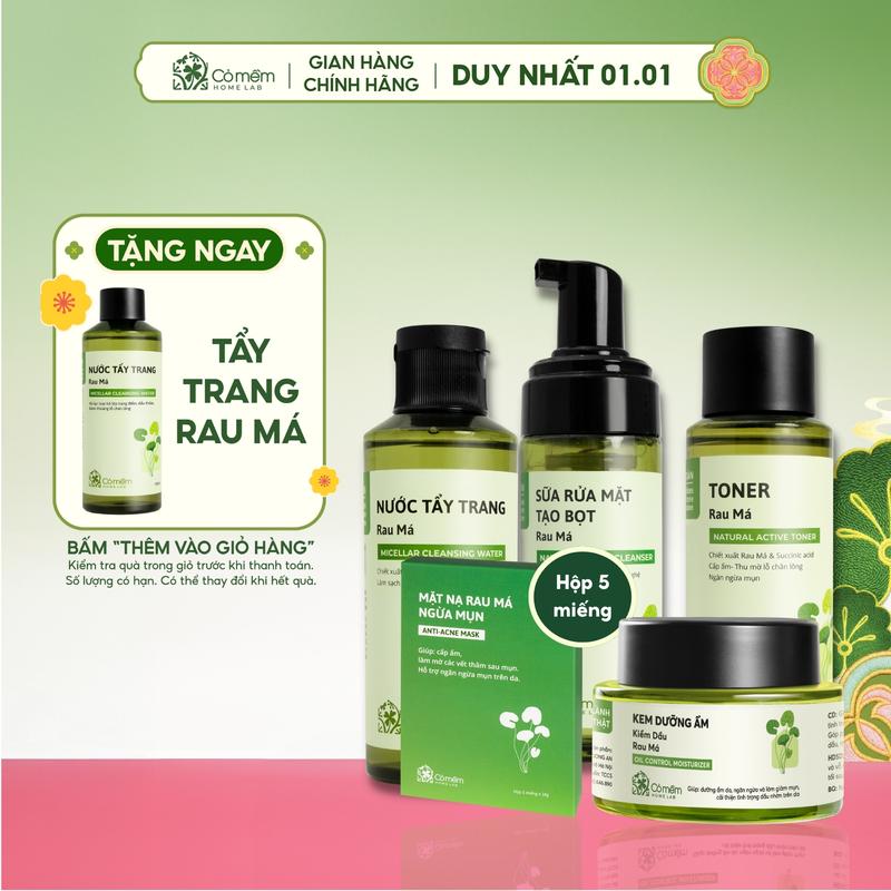 Bộ Sản Phẩm Chăm Sóc Da Mụn Rau Má Nước Tẩy Trang Sữa Rửa Mặt Toner Kem Dưỡng Mặt Nạ Rau Má Cỏ Mềm