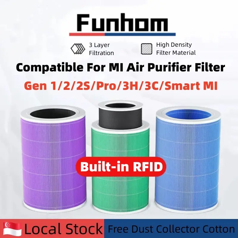 [SG Stocks] Mi Air Purifier Replacement Filter Cartridge With RFID Activated Carbon/1 Free Dust Collector Cotton/Particulate Removal/Antibacterial/Formaldehyde Removal/Purify Indoor Air Environment Compatible With XiaoMi Air Purifier Gen 1/2/2S/Pro/3H/3C