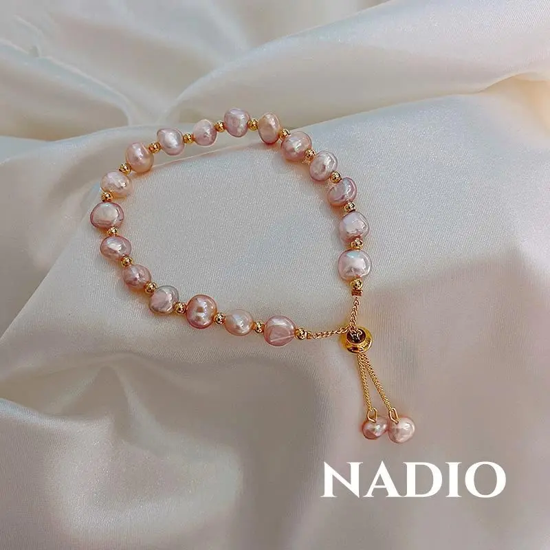 [Nadio] Gelang mutiara bentuk tidak beraturan model tarik bisa diatur aksesori tangan wanita A329